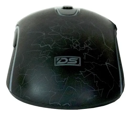 Mouse gamer óptico DS Inari RGB 3200dpi, 6 botones, USB para PC y PS4, diseño ergonómico en negro con patrón único.