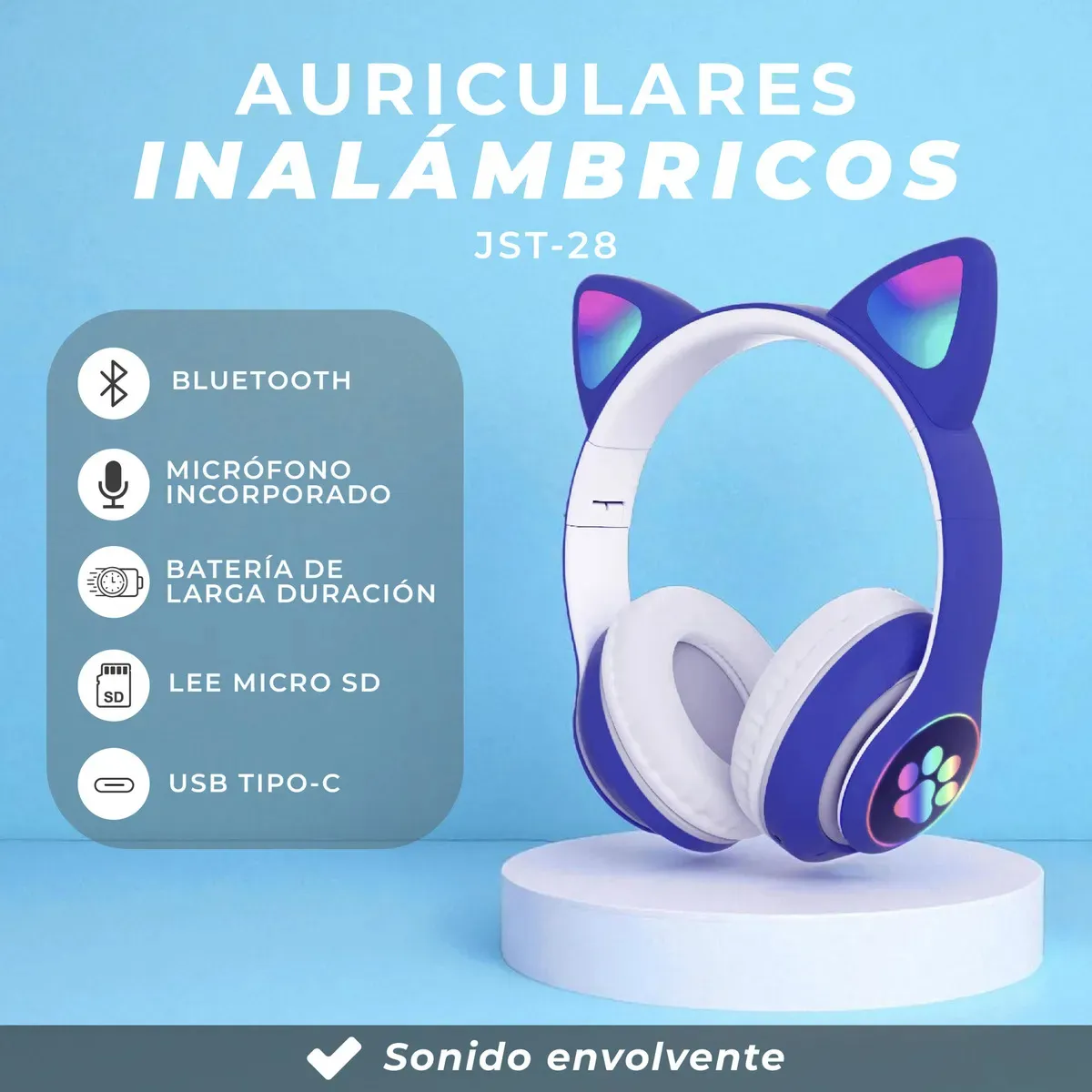 Auriculares Inalámbricos Gatito Led Rgb Bluetooth
